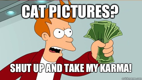 Cat pictures? Shut up and take my karma!  Fry shut up and take my money credit card