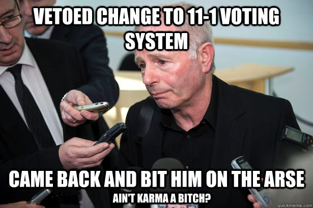 Vetoed change to 11-1 voting system came back and Bit him on the arse ain't karma a bitch? - Vetoed change to 11-1 voting system came back and Bit him on the arse ain't karma a bitch?  milnekarma