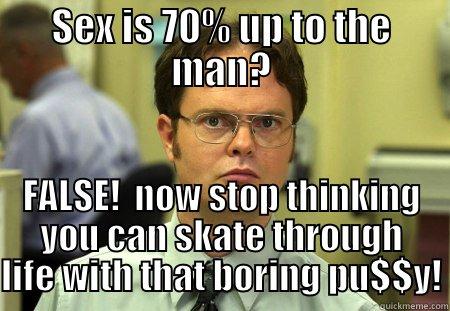 SEX IS 70% UP TO THE MAN? FALSE!  NOW STOP THINKING YOU CAN SKATE THROUGH LIFE WITH THAT BORING PU$$Y! Schrute