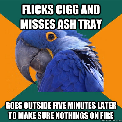 Flicks cigg and misses ash tray goes outside five minutes later to make sure nothings on fire - Flicks cigg and misses ash tray goes outside five minutes later to make sure nothings on fire  Paranoid Parrot