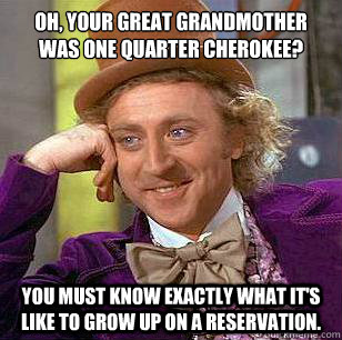 Oh, your great grandmother was one quarter Cherokee? You must know exactly what it's like to grow up on a reservation.  Condescending Wonka