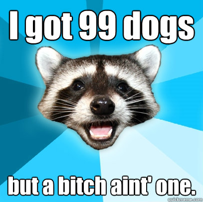 I got 99 dogs but a bitch aint' one. - I got 99 dogs but a bitch aint' one.  Lame Pun Coon