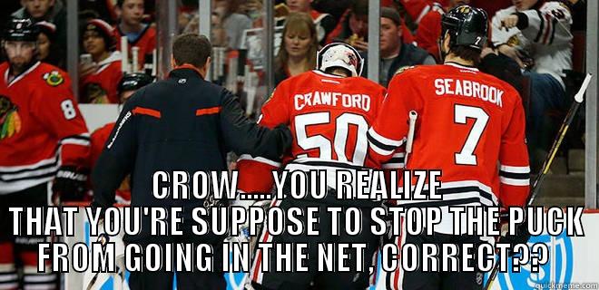 stop the puck  -  CROW.....YOU REALIZE THAT YOU'RE SUPPOSE TO STOP THE PUCK FROM GOING IN THE NET, CORRECT??  Misc