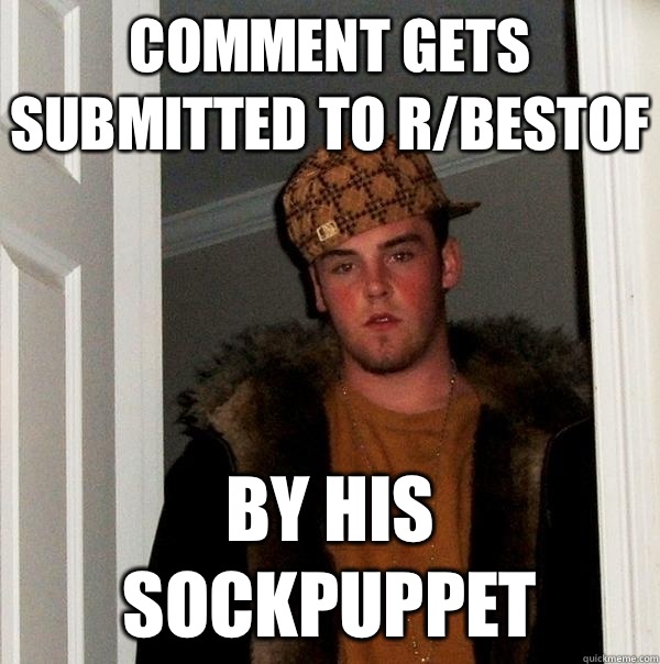 comment gets submitted to r/bestof by his sockpuppet  Scumbag Steve