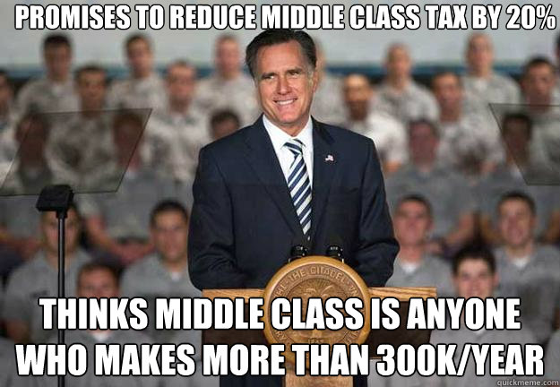 Promises to reduce middle class tax by 20% Thinks middle class is anyone who makes more than 300k/year  Mitt Romney