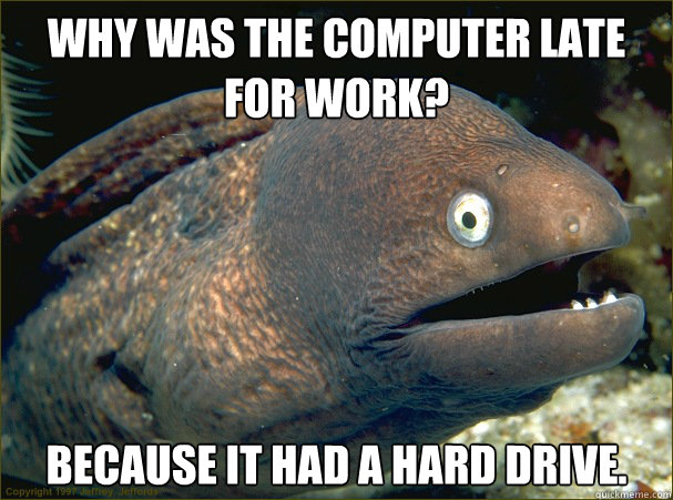 Why was the computer late for work? Because it had a Hard Drive.  Bad Joke Eel