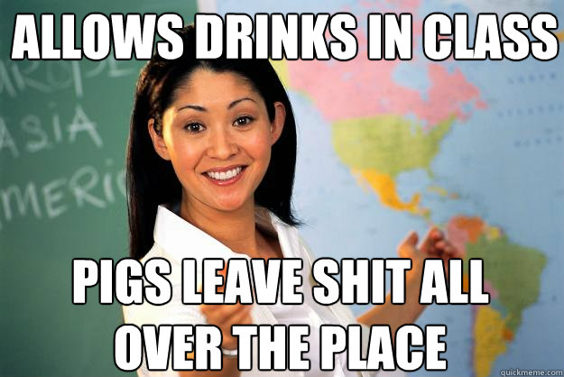 Allows drinks in class Pigs leave shit all over the place  Unhelpful High School Teacher