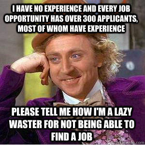 I have no experience and every job opportunity has over 300 applicants, most of whom have experience please tell me how i'm a lazy waster for not being able to find a job  willy wonka