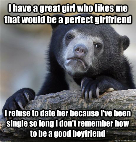 I have a great girl who likes me that would be a perfect girlfriend I refuse to date her because I've been single so long I don't remember how to be a good boyfriend  Confession Bear