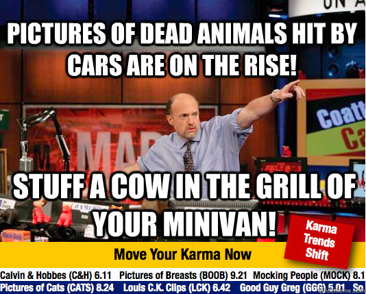 pictures of dead animals hit by cars are on the rise! Stuff a cow in the grill of your minivan!  Mad Karma with Jim Cramer