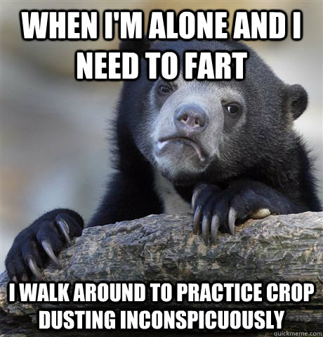 When I'm alone and I need to fart I walk around to practice crop dusting inconspicuously  Confession Bear