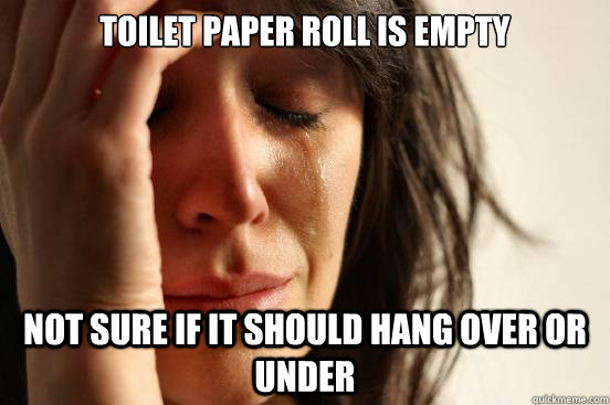 toilet paper roll is empty not sure if it should hang over or under  First World Problems