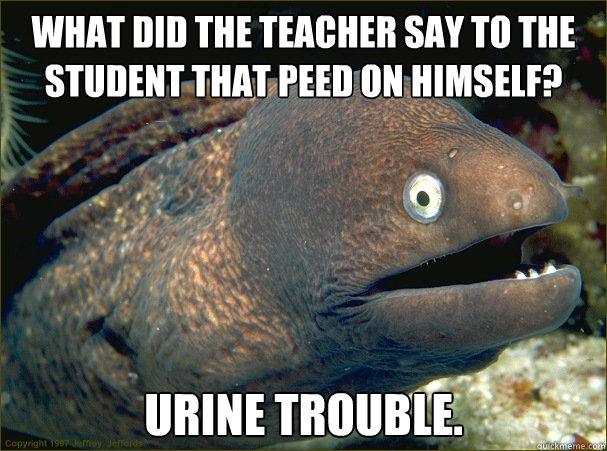 What did the teacher say to the student that peed on himself? urine trouble. - What did the teacher say to the student that peed on himself? urine trouble.  Bad Joke Eel