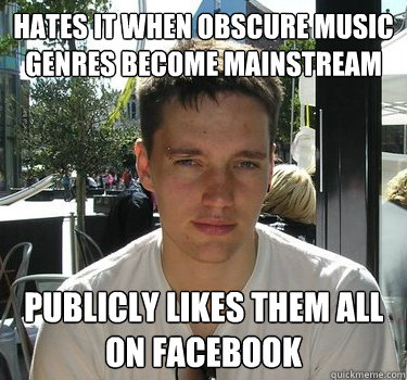 hates it when obscure music genres become mainstream publicly likes them all on facebook  