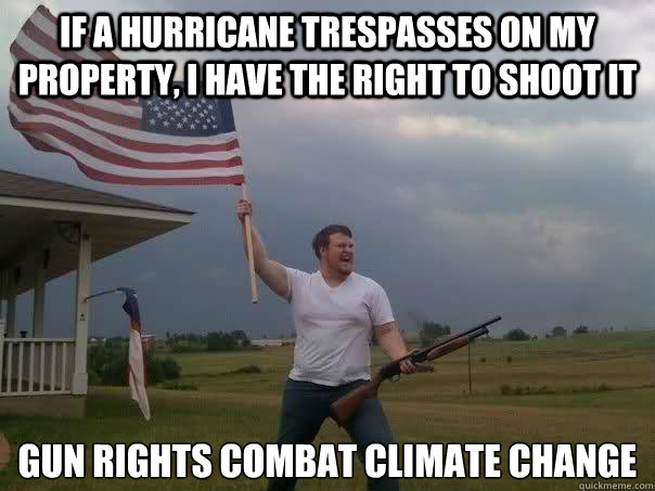 If a hurricane trespasses on my property, i have the right to shoot it Gun rights combat climate change  Overly Patriotic American