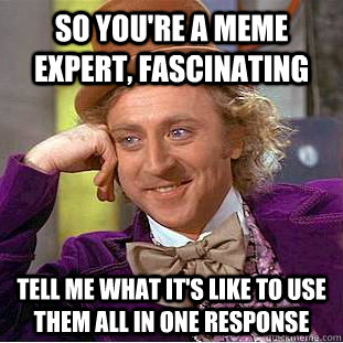 So you're a meme expert, fascinating Tell me what it's like to use them all in one response - So you're a meme expert, fascinating Tell me what it's like to use them all in one response  Condescending Wonka