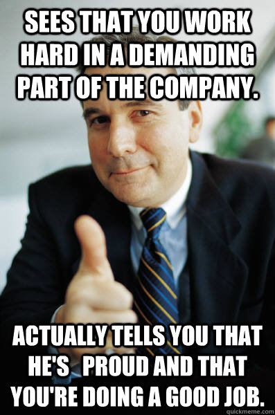 Sees that you work hard in a demanding part of the company. actually tells you that he's   proud and that you're doing a good job. - Sees that you work hard in a demanding part of the company. actually tells you that he's   proud and that you're doing a good job.  Good Guy Boss