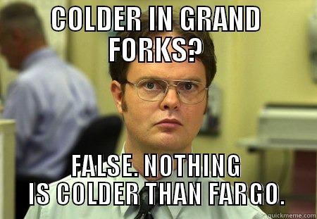 COLDER IN GRAND FORKS? FALSE. NOTHING IS COLDER THAN FARGO. Schrute