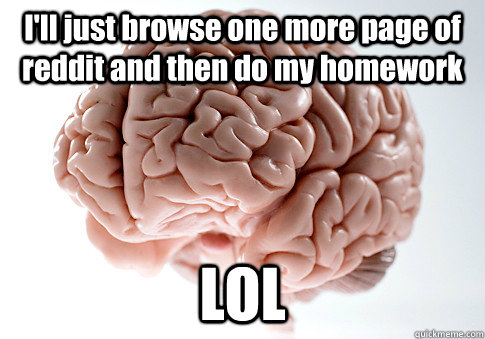 I'll just browse one more page of reddit and then do my homework LOL  - I'll just browse one more page of reddit and then do my homework LOL   Scumbag Brain