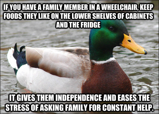 If you have a family member in a wheelchair, keep foods they like on the lower shelves of cabinets and the fridge It gives them independence and eases the stress of asking family for constant help.  Actual Advice Mallard