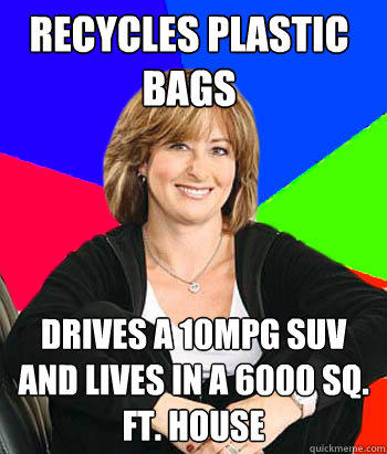 Recycles plastic bags Drives a 10MPG SUV and lives in a 6000 Sq. ft. house - Recycles plastic bags Drives a 10MPG SUV and lives in a 6000 Sq. ft. house  Sheltering Suburban Mom