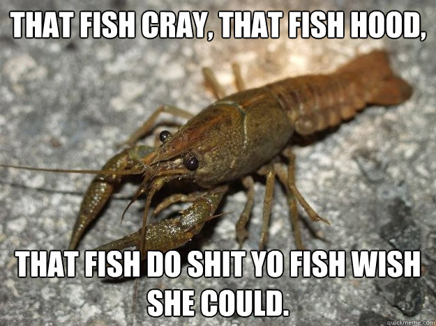 That fish cray, that fish hood, that fish do shit yo fish wish she could.  that fish cray