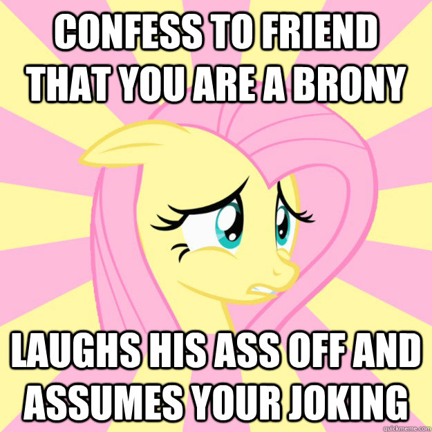 confess to friend that you are a brony laughs his ass off and assumes your joking - confess to friend that you are a brony laughs his ass off and assumes your joking  Socially awkward brony