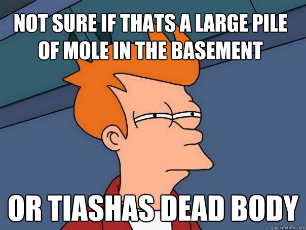 Not sure if thats a large pile of mole in the basement Or tiashas dead body  Futurama Fry