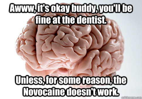 Awww, it's okay buddy, you'll be fine at the dentist. Unless, for some reason, the Novocaine doesn't work.   - Awww, it's okay buddy, you'll be fine at the dentist. Unless, for some reason, the Novocaine doesn't work.    Scumbag Brain