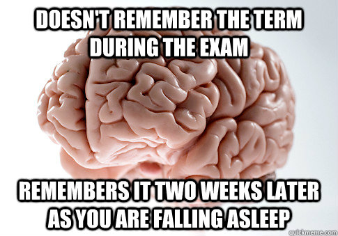 DOESN'T REMEMBER THE TERM DURING THE EXAM REMEMBERS IT TWO WEEKS LATER AS YOU ARE FALLING ASLEEP  Scumbag Brain