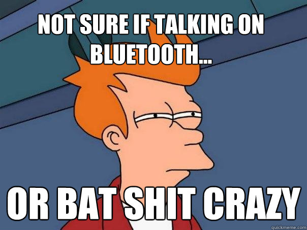 Not sure if talking on bluetooth...  Or bat shit crazy  Futurama Fry