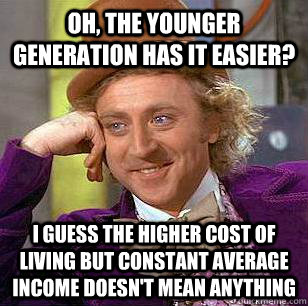 Oh, the younger generation has it easier? I guess the higher cost of living but constant average income doesn't mean anything  Condescending Wonka