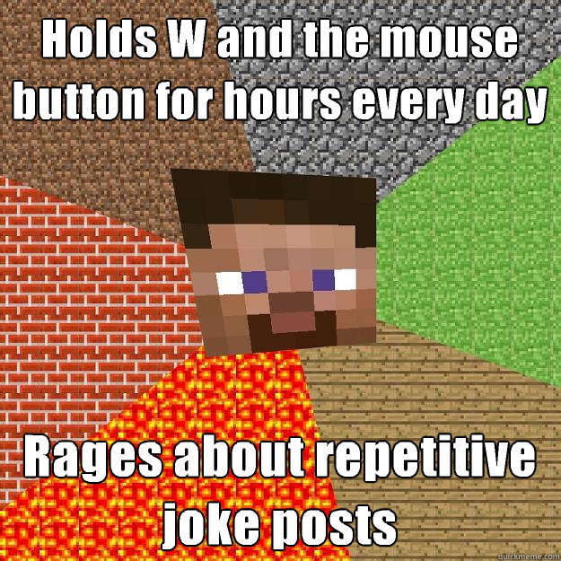 Holds W and the mouse button for hours every day Rages about repetitive joke posts  Minecraft