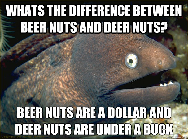 Whats the difference between beer nuts and deer nuts? Beer nuts are a dollar and deer nuts are under a buck  Bad Joke Eel