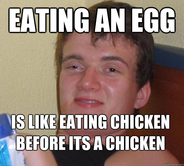 Eating an egg is like eating chicken before its a chicken
  10 Guy