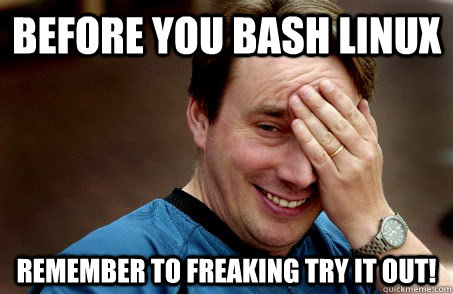 before you bash linux remember to freaking try it out!  Linux user problems