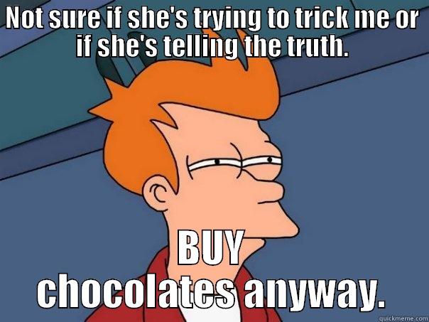 Valentine's Day - NOT SURE IF SHE'S TRYING TO TRICK ME OR IF SHE'S TELLING THE TRUTH. BUY CHOCOLATES ANYWAY. Futurama Fry