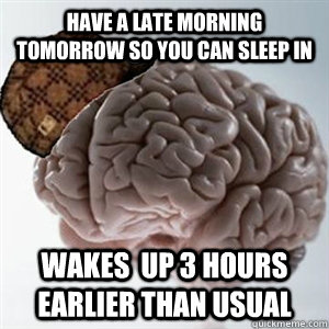 have a late morning tomorrow so you can sleep in  Wakes  up 3 hours earlier than usual - have a late morning tomorrow so you can sleep in  Wakes  up 3 hours earlier than usual  Misc