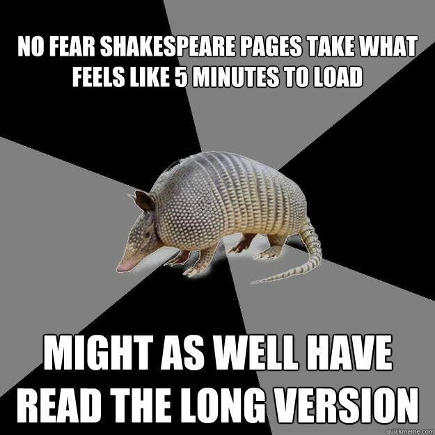 No Fear Shakespeare pages take what feels like 5 minutes to load Might as well have read the long version  English Major Armadillo