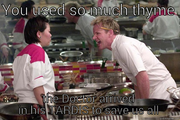 YOU USED SO MUCH THYME  THE DOCTOR ARRIVED IN HIS TARDIS TO SAVE US ALL Gordon Ramsay