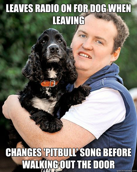 Leaves Radio on for dog when leaving Changes 'Pitbull' song before walking out the door  Good Guy Dog Owner