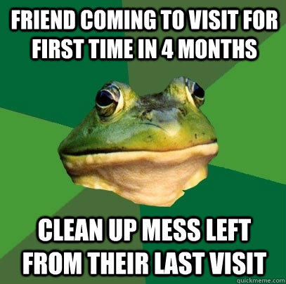 Friend coming to visit for first time in 4 months Clean up mess left from their last visit  Foul Bachelor Frog