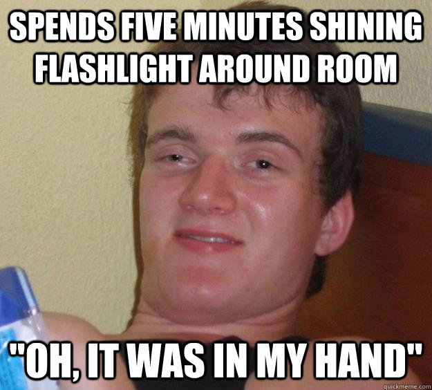 Spends five minutes shining flashlight around room 