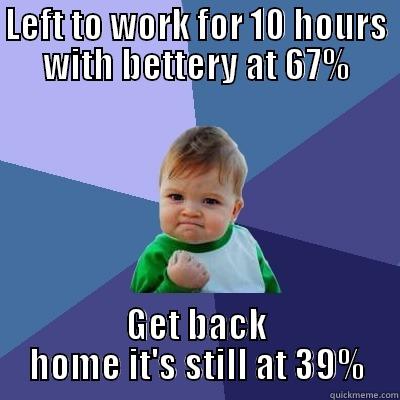 LEFT TO WORK FOR 10 HOURS WITH BETTERY AT 67% GET BACK HOME IT'S STILL AT 39% Success Kid