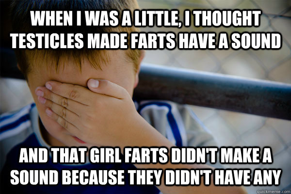 WHEN I WAS A LITTLE, I thought testicles made farts have a sound and that girl farts didn't make a sound because they didn't have any  Confession kid