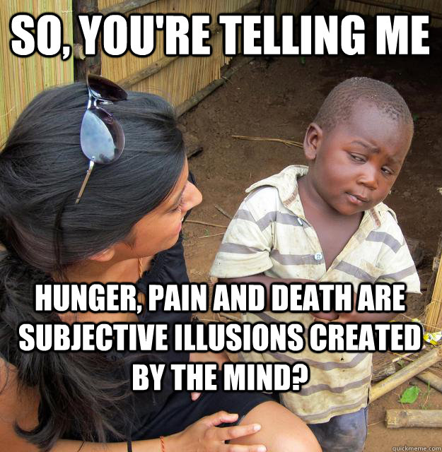 So, you're telling me hunger, pain and death are subjective illusions created by the mind?  Skeptical Black Kid