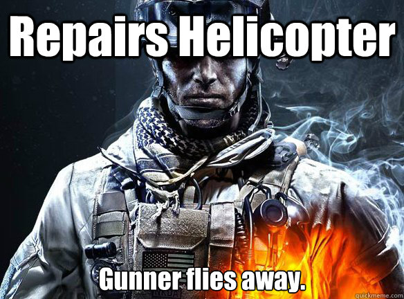 Repairs Helicopter Gunner flies away.  Battlefield 3