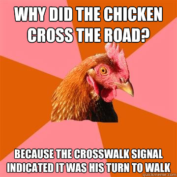 Why did the chicken cross the road? because the crosswalk signal indicated it was his turn to walk  Anti-Joke Chicken