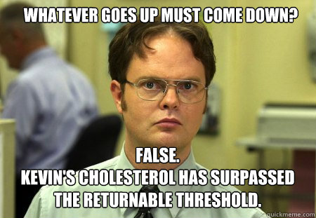 whatever goes up must come down? false.
Kevin's cholesterol has surpassed the returnable threshold. - whatever goes up must come down? false.
Kevin's cholesterol has surpassed the returnable threshold.  Schrute