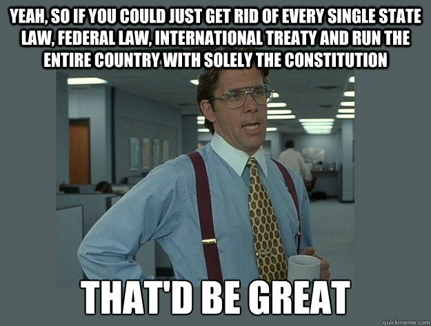 yeah, so if you could just get rid of every single state law, federal law, international treaty and run the entire country with solely the constitution That'd be great  Office Space Lumbergh